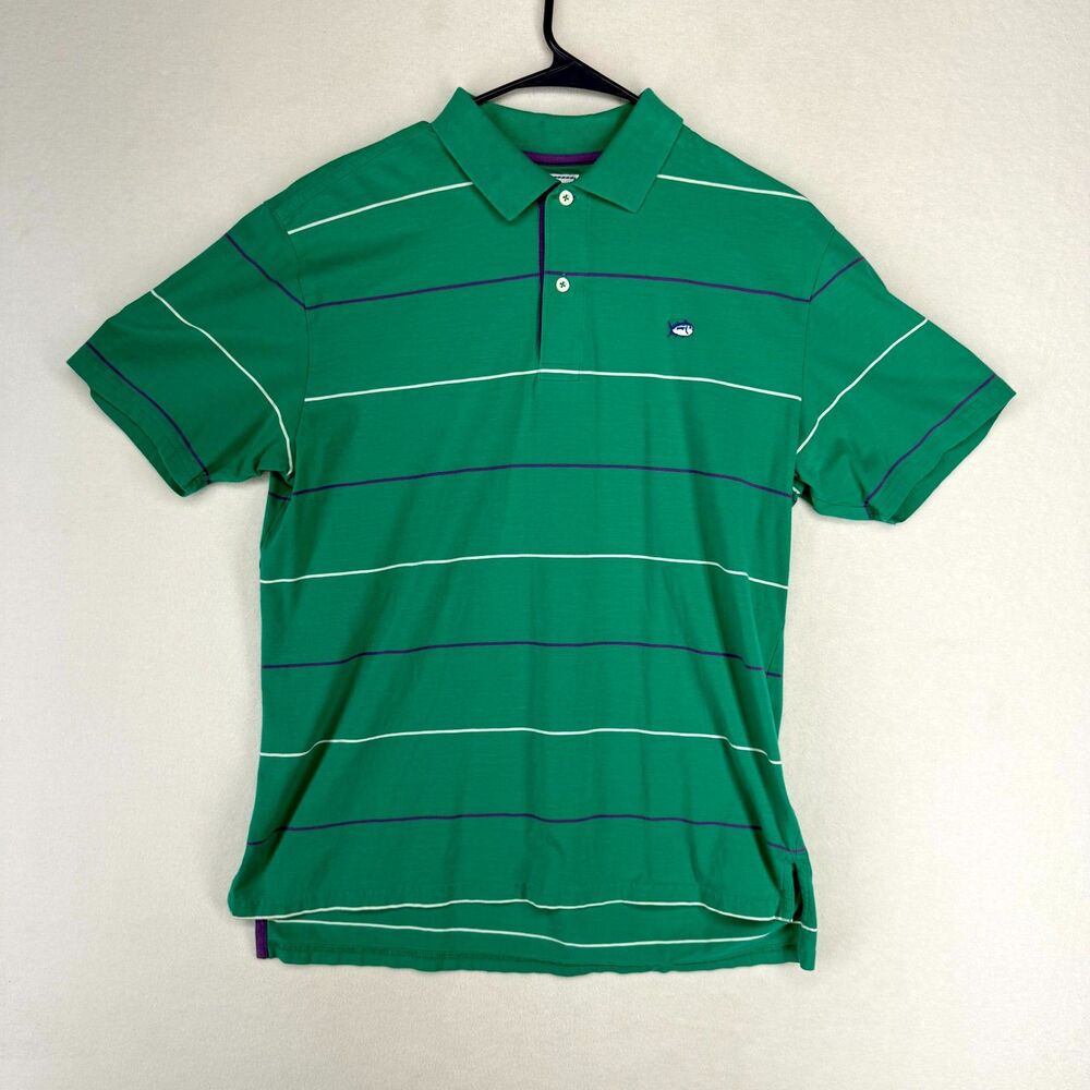 Southern Tide Polo Shirt Medium Green Striped Pima Cotton Classic Fit Skipjack